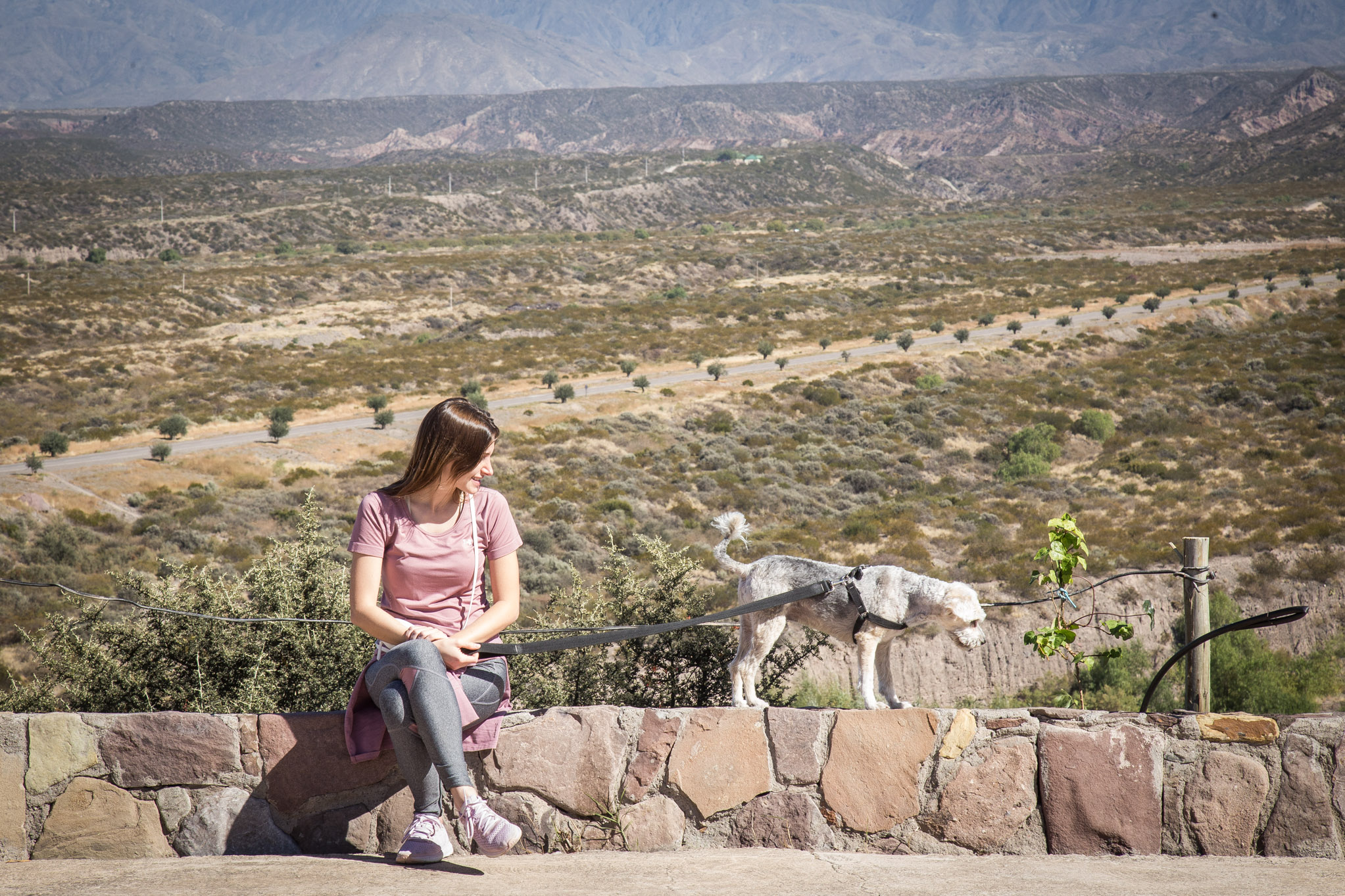 Mariana Debé observa a su mascota caminar con equilibrio en uno de los pilares del Cerro Cristo.